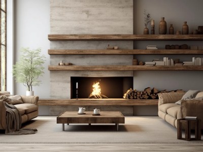 Modern Living Room On Living Room Interior Concept In White With Brown Furniture, Fireplace And Wood Shelf And Wooden Slat