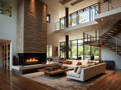 Modern Living Room With A Floor To Ceiling Fireplace And Stairs