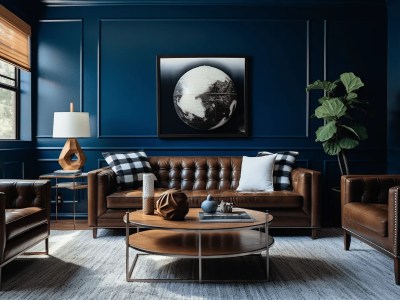 Modern Living Room With A Navy Blue And Brown Color Scheme