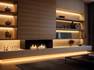 Modern Living Room With Fireplace And Book Shelves Lit Up