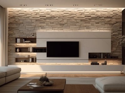 Modern Living Room With Stone Walls, Tv Hung, And White Brick