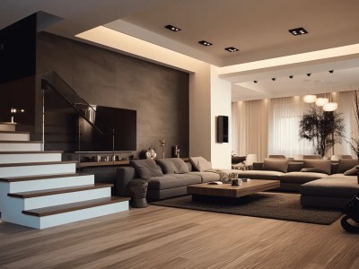 Modern Living Room With Two Black Sofas In The Middle