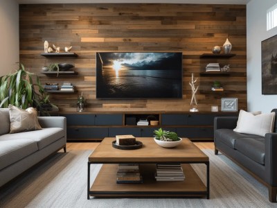 Modern Living Room With Wood Paneling And Large Modern Tv Above The Sofa