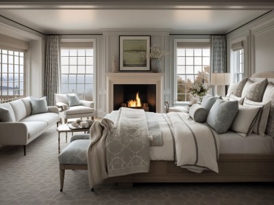 Modern Master Bedroom With Fireplace And Grey Furniture