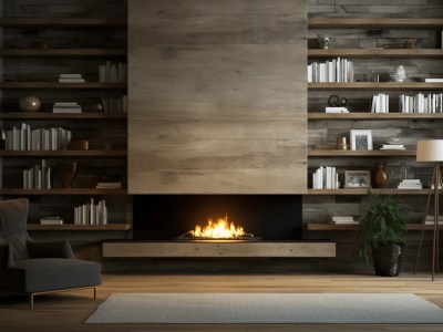 Modern Modern Fireplace With Wood Shelves In Living Room With Black Chair