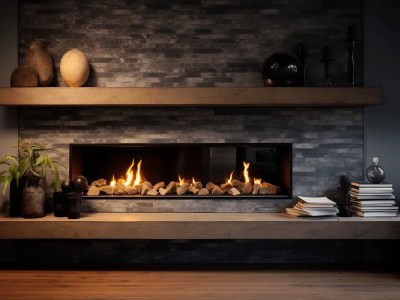 Modern Open Fireplace In A Dark Room With Fireplace Woods And Pots Stacked And Above