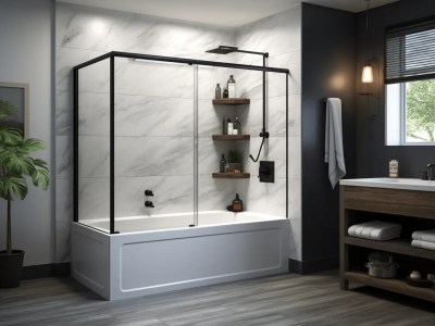 Modern White Bathroom With Black Bathtub