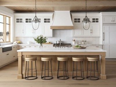 Modern White Kitchen With Wood Cabinets And Stools