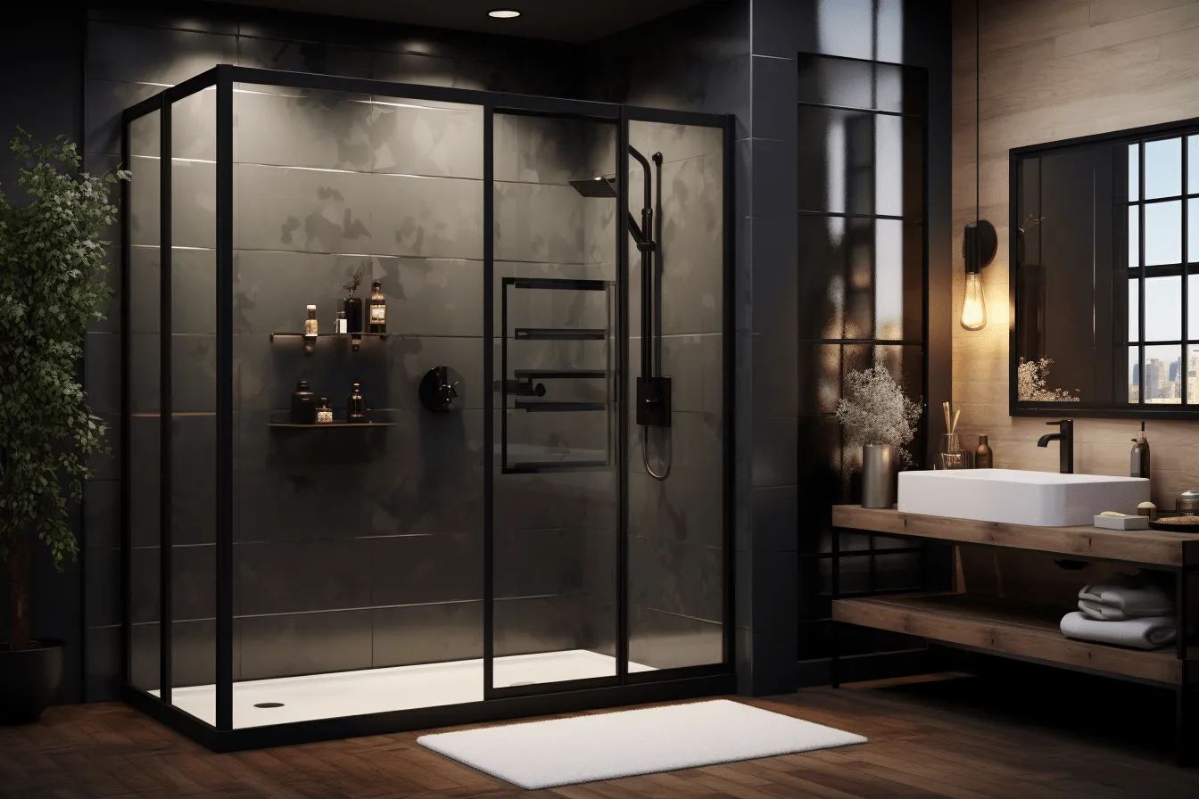 Modern bathroom with a glass enclosure, dark, moody landscapes, bryce 3d, dark bronze and light black, provia, reimagined by industrial light and magic, sfumato, framing