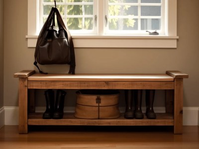 Natural Wood Bench With Sacks And Mittens That Lean Against The Small Window