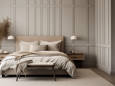 Neutral Bedroom With Wooden Paneling And A Light Beige Bed