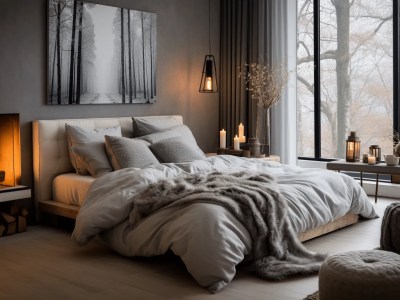 Nordic Bedroom With White Bed, Grey Walls And A Fireplace