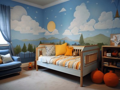 Nursery Is Decorated With Sky, Trees, Clouds And A Bed With Pillows