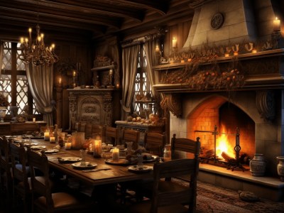 Oak Table And Chairs Set Up Near A Fireplace