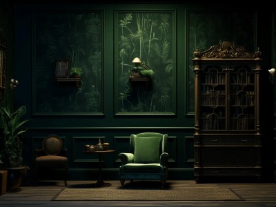 Old And Dark Room With A Green Wallpaper Of Plants