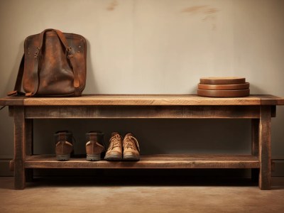 Old Bench On Wooden Floor With Two Boots