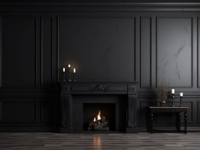 Old Black Living Room With A Fireplace And Dark Walls 3D Rendering Stock Photo