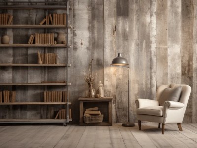 Old Book Shelf Sits Beside An Arm Chair And Lights