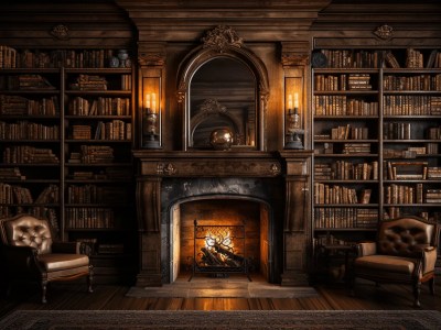 Old Bookshelf With Fire, Chairs And A Fireplace