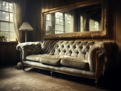 Old Couch In A Room With A Big Mirror In Front Of It