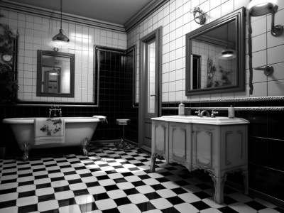 Old Fashioned Bathroom With White Walls And Black And White Checks On The Floor