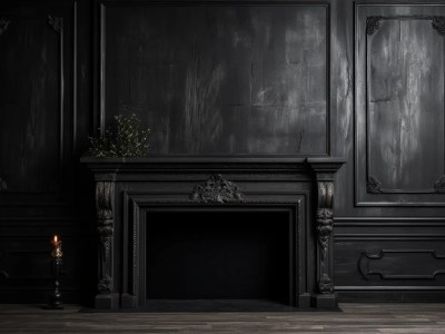 Old Fireplace In Dark Room, Close Up Of Wooden Floor & Dark Fireplace Mantel And Wall, 3D