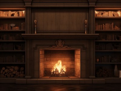 Old Fireplace With Bookshelves And Fire In It