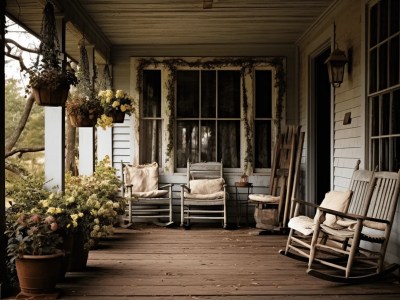 Old House With A Porch And A Couple Of Rocking Chairs And Potted Flowers