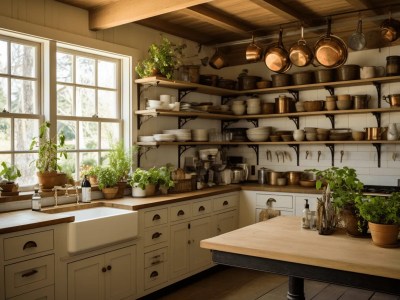 Old Style Kitchen Is Filled With Pots, Dishes, And Other Potted Plants