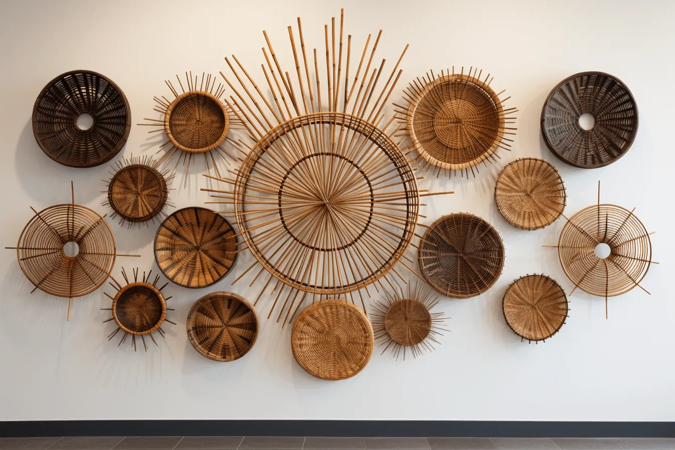 Wall of bamboo baskets in a room, kinetic artwork, subversive public art, radiating lines, afro-caribbean influence, found-object-centric, tondo, velvety textures