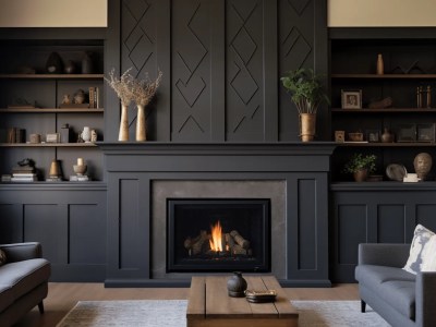 Open Fireplace Is Sitting In Front Of Dark Painted Walls