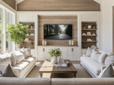 Open Floor Plan With White Furniture And An Oak Tv