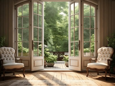 Open French Doors To Patio With White Chairs