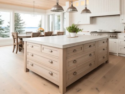 Open Kitchen With A Hardwood Island And View Of The Lake