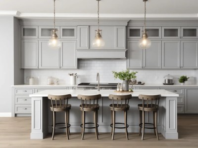 Open Kitchen With Gray Cabinets And Stools