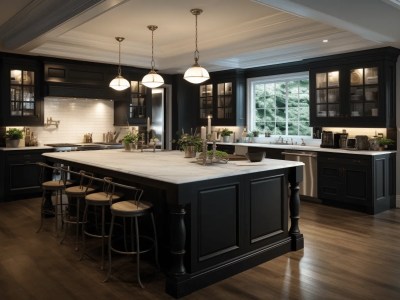 Open Layout View Of A Large Black Kitchen Designed With Wood