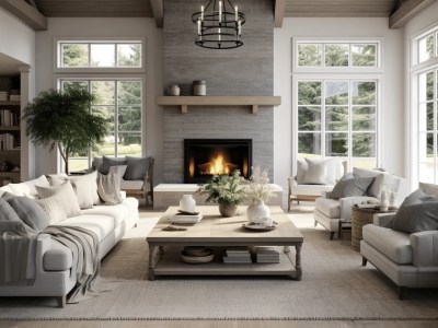 Open Living Room With White Couches And Fireplace