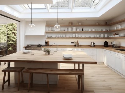 Open Plan Kitchen With Wooden Floors And Skylights