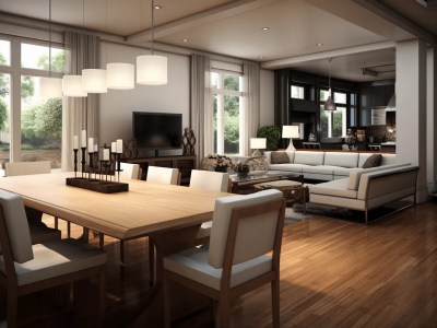 Open Space In The Dining Room With A Brown Couch And Table