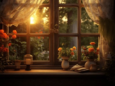 Open Window That Has Books And Flowers