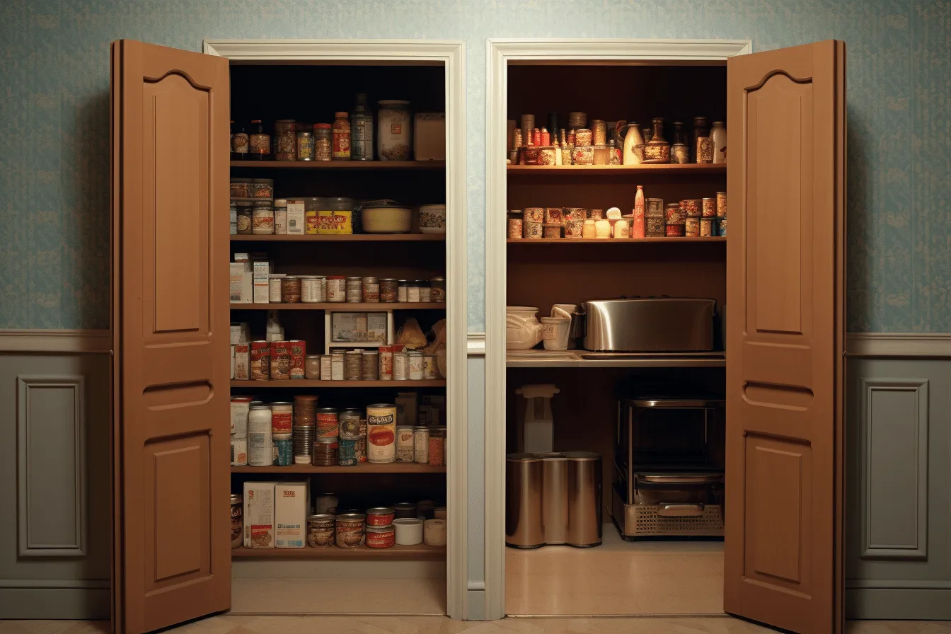 Open kitchen pantry doors are open inside, photo-realistic still life, realistic chiaroscuro lighting, realistic lighting