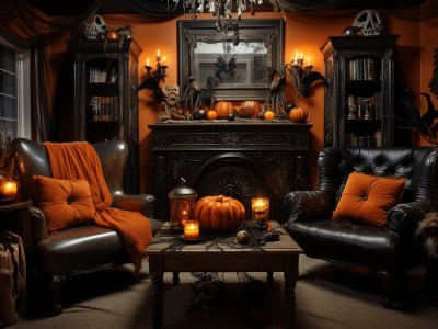 Orange And Black Couches And A Fireplace Are In A Room With Halloween Decorations