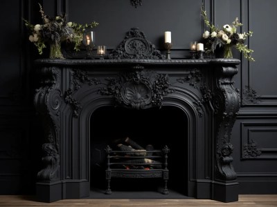 Ornate Black Fireplace With Candles, Flowerpot