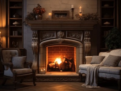 Ornate Fire Place Is Illuminated By Candlelight