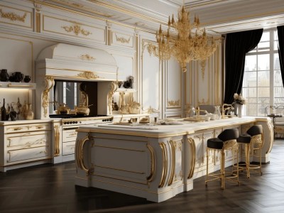 Ornate Gold Kitchen With Beautiful Chandelier