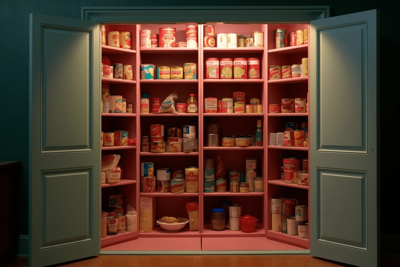 Pantry is full of pantry staples, photosurrealist photorealism, dark pink and light orange, yale university school of art, bloomsbury group, realistic anamorphic art, light red and teal, kodak ektachrome