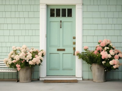 Porch With Green Doors With Potted Flowers Outside