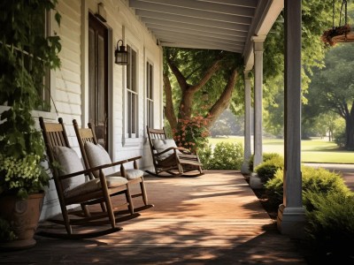 Porch With Rocking Chairs And Porch Trees On Country Landscape