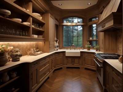 Posh Kitchen With A Large Window Is Decorated In Wood