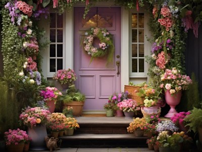 Purple Door Surrounded By Small Potted Plants